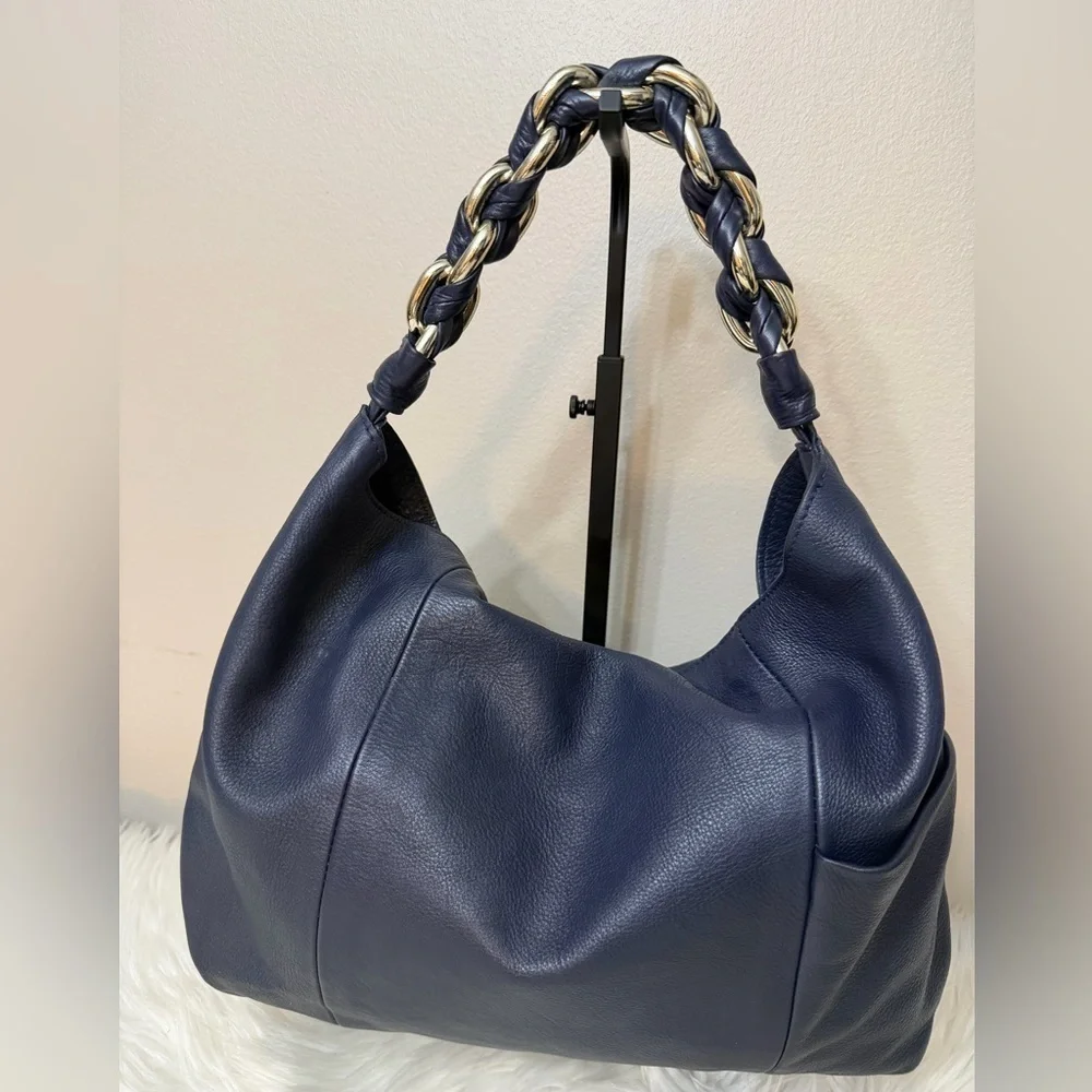 Vince Camuto Navy Leather Hobo Bag with Chain Handle